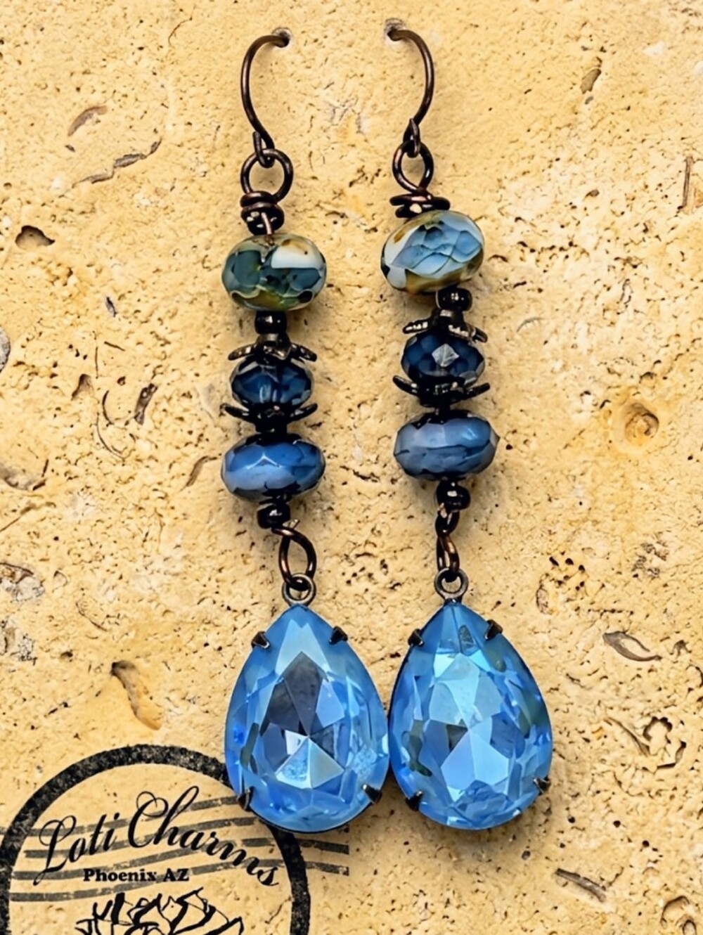 Victorian Ocean Blue Swarovski Crystal & Glass In Long Earrings In Brass